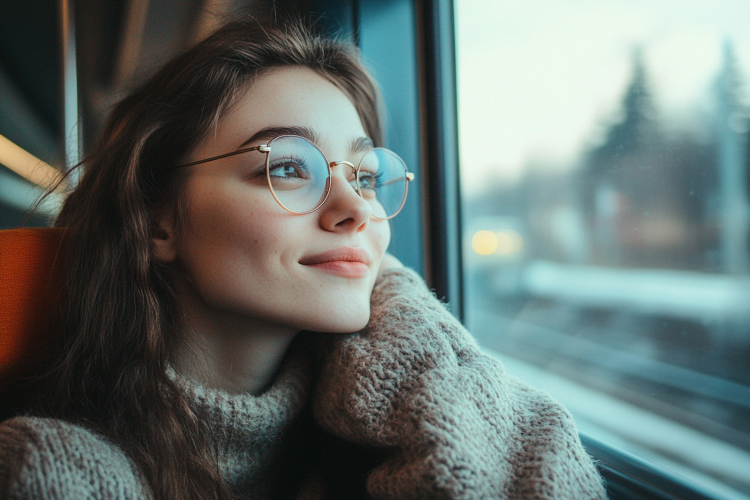 Eine Frau schaut aus einem Zugfenster