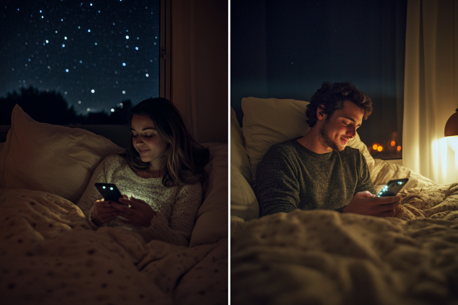 Ein Mann und eine Frau liegen an unterschiedlichen Orten im Bett und schauen auf ihre Smartphones