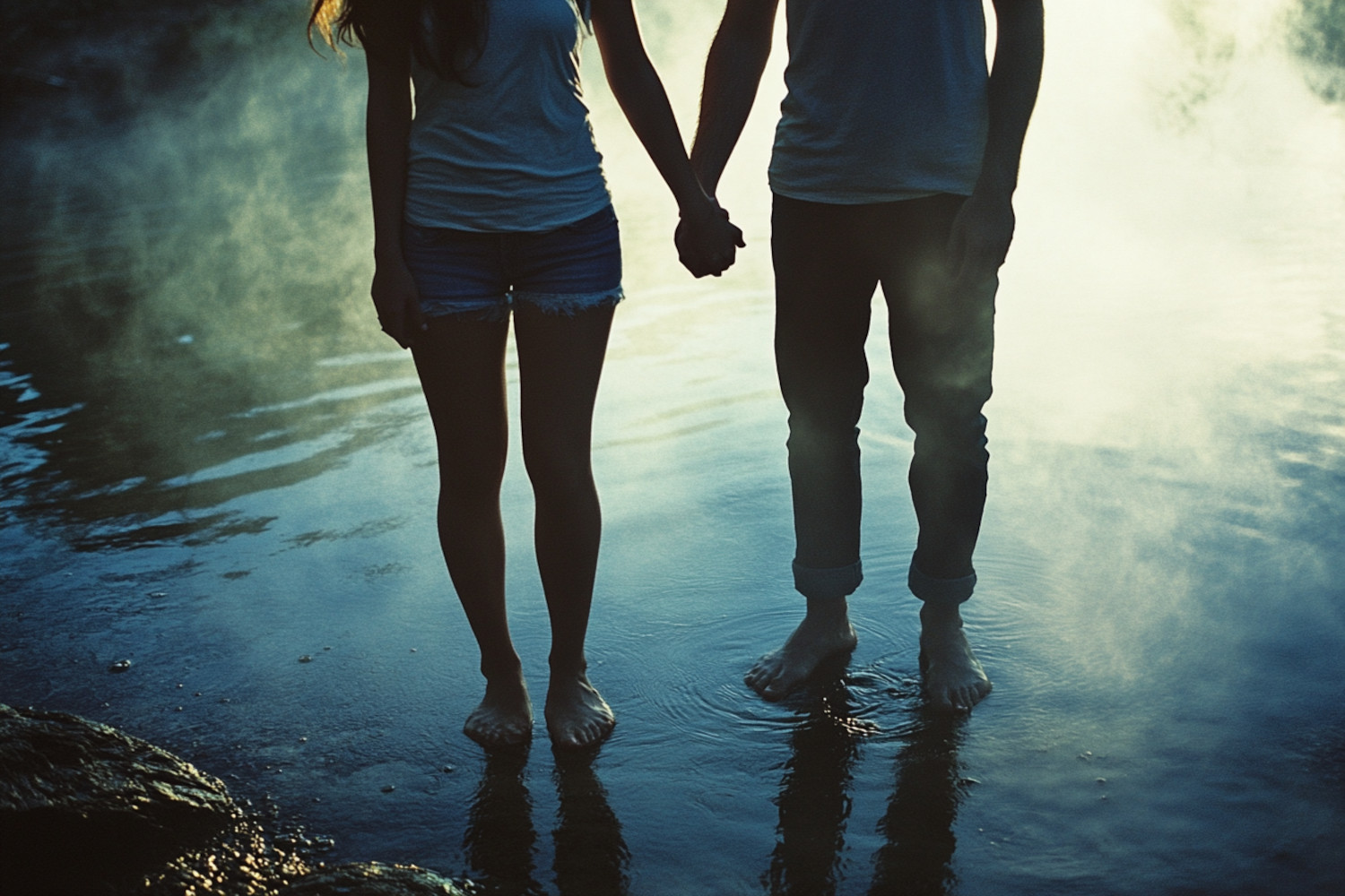 Eine Frau und ein Mann halten sich an den Händen, sie sind nur von der Brust abwärts zu sehen