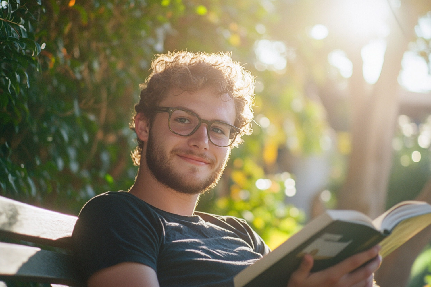 Ein Mann sitzt draußen und liest ein Buch