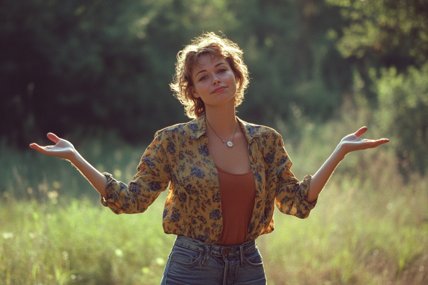 Eine Frau steht draußen und zuckt mit den Schultern