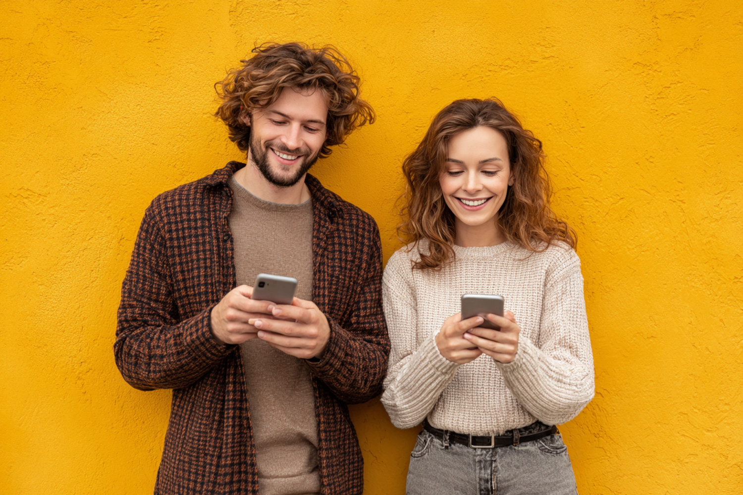 Ein Mann und eine Frau stehen vor einer gelbe Wand und schauen lächelnd auf ihre Handys