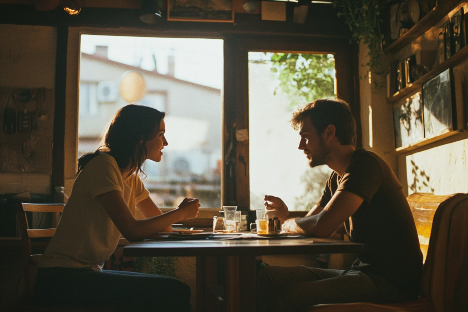 Ein Mann und eine Frau sitzen sich an einem Tisch gegenüber