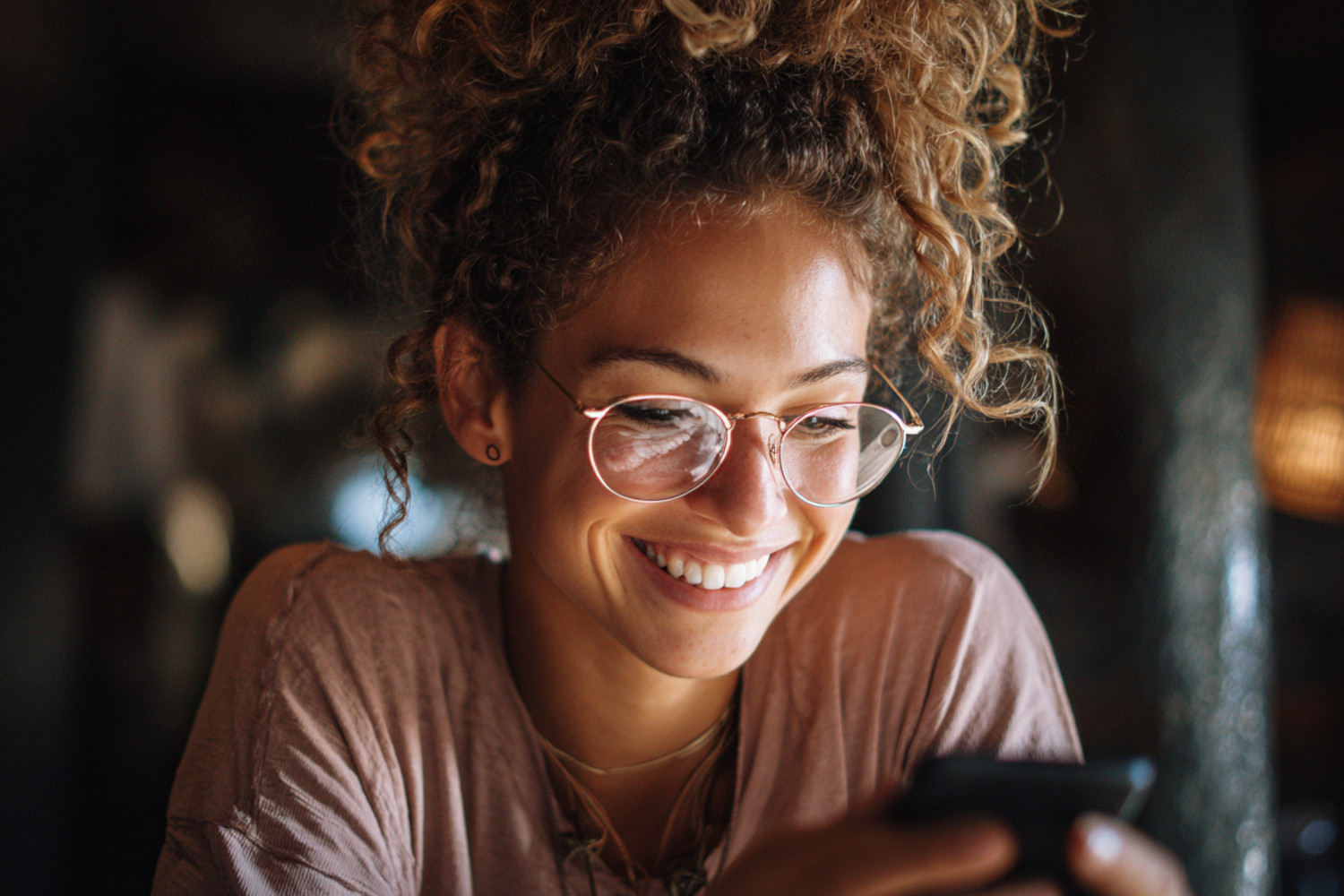 Eine Frau schaut lächelnd auf ein Smartphone