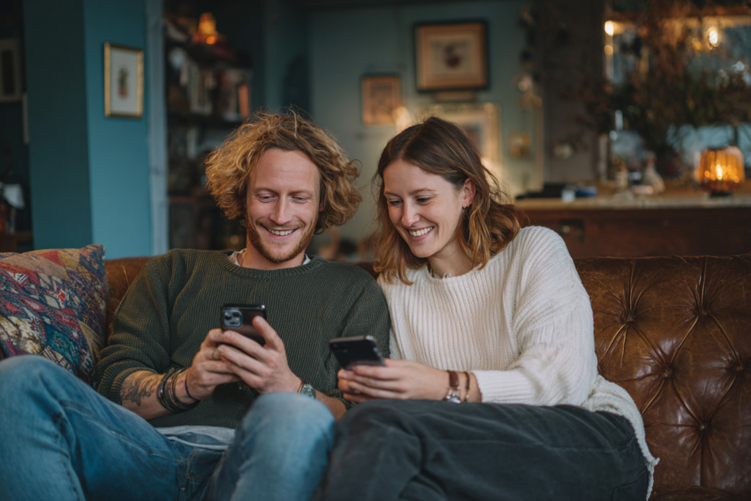 Ein Mann und eine Frau sitzen mit Smartphones auf dem Sofa.