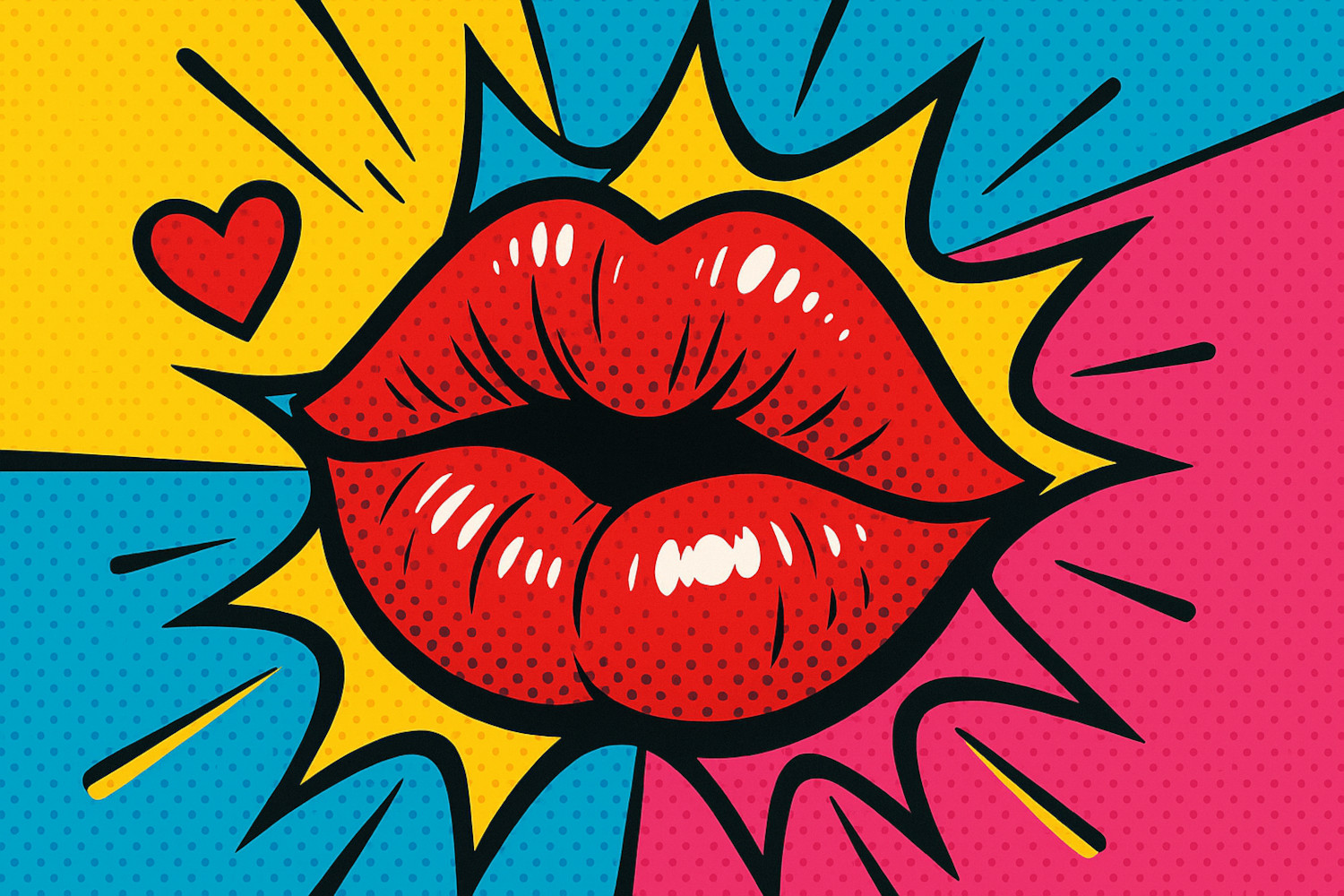 Ein großer Kussmund vor buntem Hintergrund