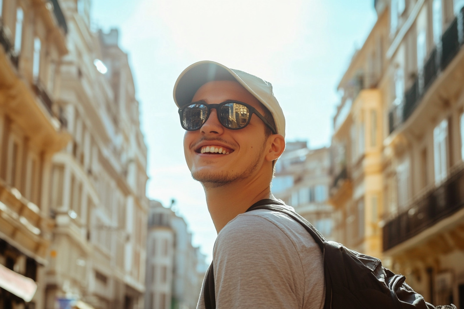 Mann mit Sonnenbrille und Basballcap besichtigt eine Stadt