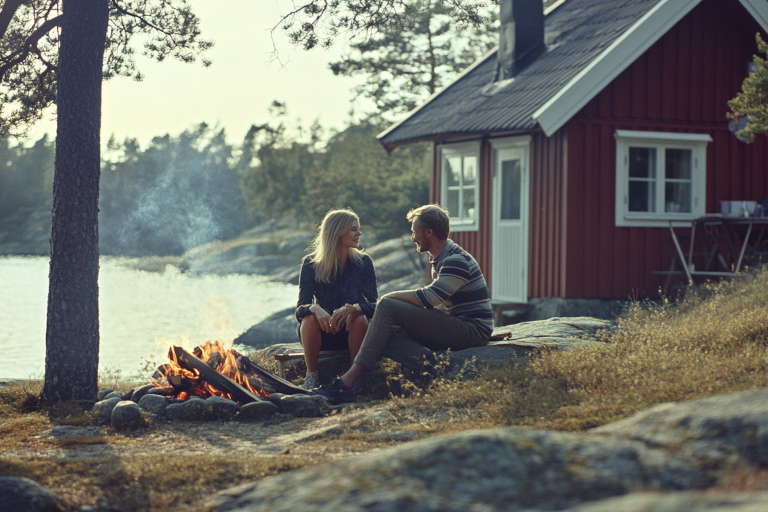 Mann und Frau sitzen an einem See an einem Lagerfeuer
