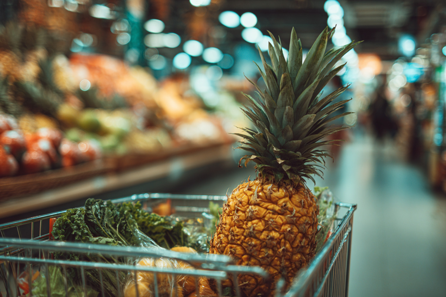 Eine Ananas in einem Einkaufwagen.