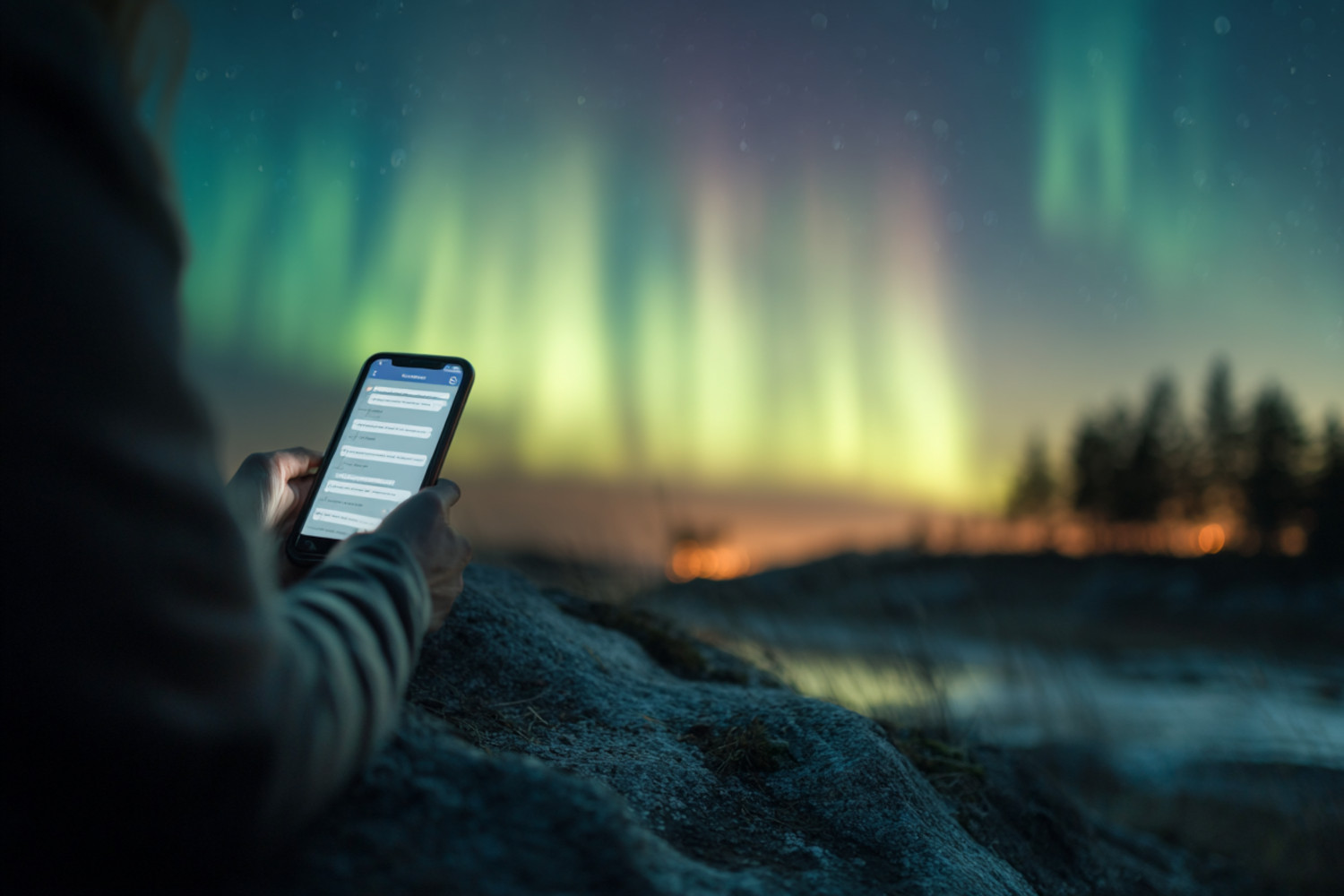 Eine Person sitzt mit einem Smartphone unter Polarlichtern