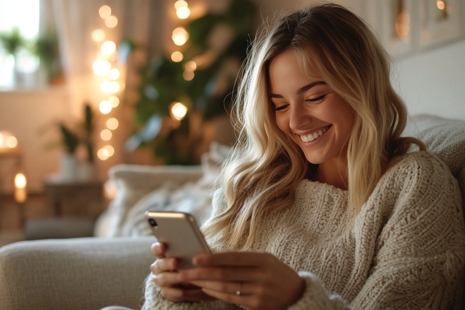 Blonde Frau hält lächelnd ein Smartphone